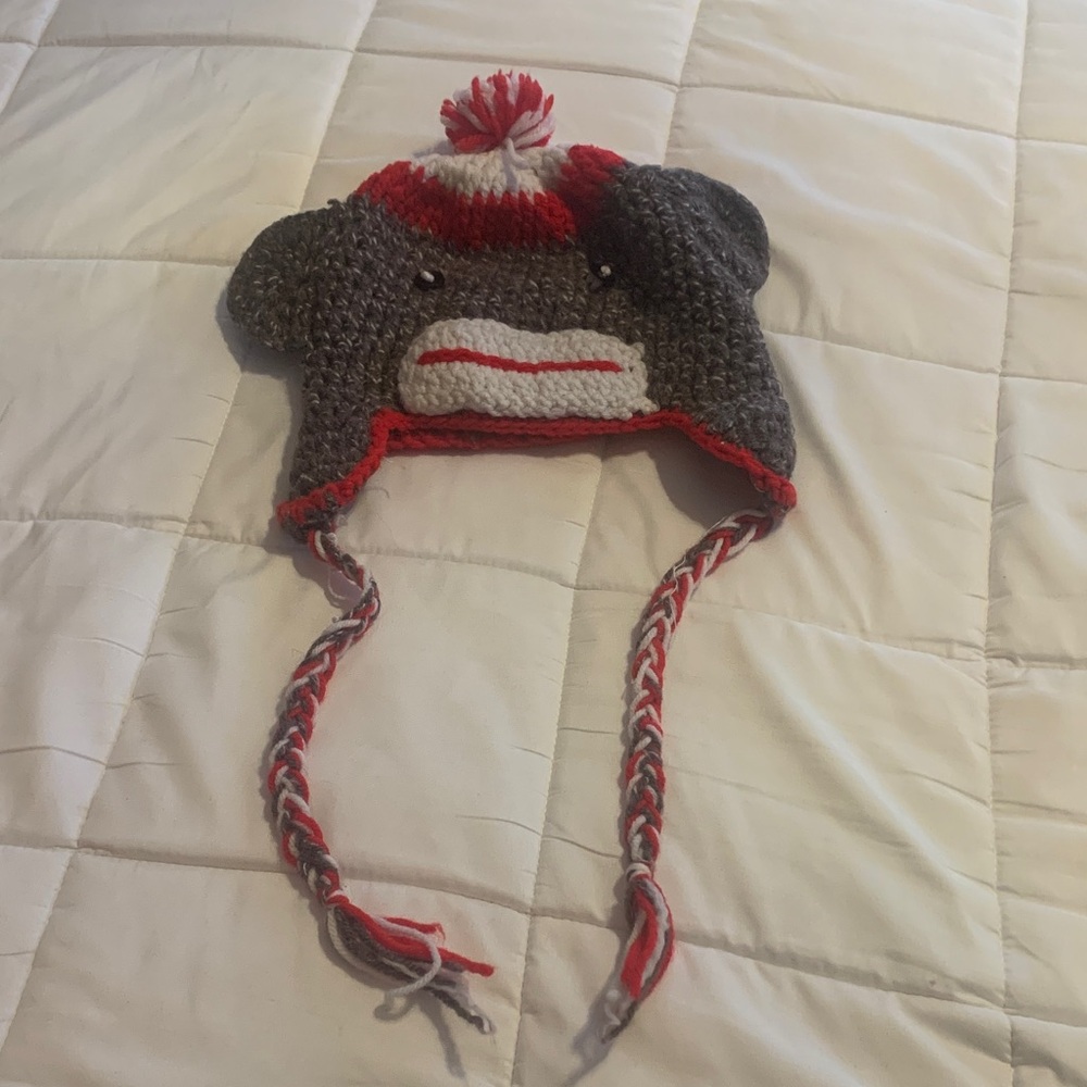 Red and Gray Knit Homemade Monkey Hat